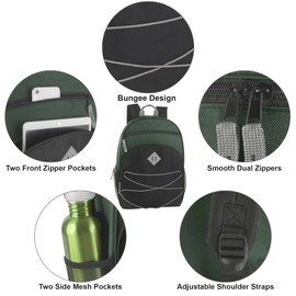 Summit Ridge Boys and Girls School Backpacks with Bungee Cord Front | 17” Multi Pocket Backpack for Kids, Teens, Adults, Travel (Green/Black)