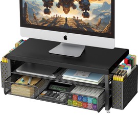 gianotter Desk Organizers and Accessories, Monitor Stand with Drawer & Pen Holder, Wooden Monitor Riser - Suitable for Office & Home (Black Wood + Metal)