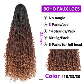 8 Packs 24inch Goddess Boho Box Braids Crochet Hair With Curly Ends Pre Looped Bohomian Boho Crochet Braids Synthetic Braiding Hair Extensions For Women (1B/33/30, 24inch)