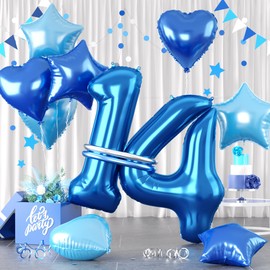 Blue Number 14 Balloons, Dark Blue Number 14 Balloons, 14 Number Balloons Set, Bule Foil Star Heart Balloons With Long Balloons For Boys man 14th 41th Birthday Party 1st 4th Kid Baby Shower Decor