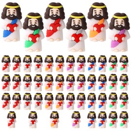 Lyreh 50pcs Tiny Jesus Statue with Red Heart, PVC Material Miniature Figures Small Mini Jesus Figurines Gift Favors Decoration (Mixed Color)