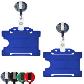 2 Pack / 25 Pack ID Badge Reel Retractable Yo Yo with ID Card Badge Holder - Extendable Pull Out, Belt Carabiner Clip-on for Work Office School Students (2 Blue Badge Reels and 2 ID Card Holders)