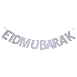 Ramadan Eid Mubarak Silver Glitter Banner, Islamic Muslim Party Decoration Supplies (1)