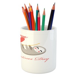 Ambesonne Sloth Pencil Pen Holder, Happy Valentines Day Theme Tropical Animals Girl Romantic, Printed Ceramic Pencil Pen Holder for Desk Office Accessory, Warm Taupe Vermilion Marigold