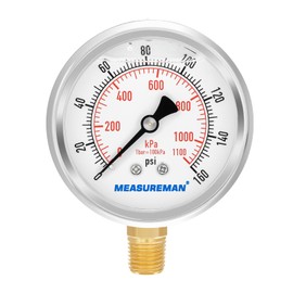 MEASUREMAN Tamaño de esfera de 2-1/2 pulgadas, medidor de presión relleno de aceite, 0-160 psi/kpa, caja de acero inoxidable 304, montaje inferior NPT de 1/4 pulgadas