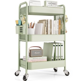 TOOLF 3 Tier Rolling Cart Storage Organizer, Metal Rolling Utility Cart with Wheels, Hooks & Bins Esthetician Craft Art Sturdy Storage with Pegboard for Bathroom, Kitchen, Office, Nursery Diaper
