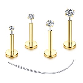 Flat Back Earrings Stud G23 Titanium Threadless Piercing Kit - Cartilage Earrings for Women Men - Hypoallergenic Tragus | Conch | Rook | Daith | Medusa | Lip | Labret | Nose Piercings Jewelry 16G 4Pcs Gold