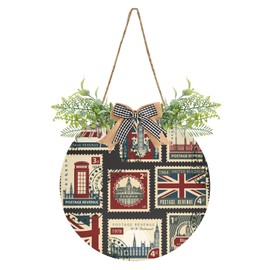 Oyihfvs Union Jack, Parliament, Big Ben and London Retro Stamps Door Hanging Sign, 12" Merry Christmas Front Plaque Board Round Wreath for Daily Holiday Welcome Home Garden Yard Wall Pediments