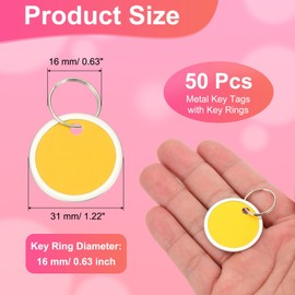 PATIKIL 1.2 Inch Metal Rim Key Tags 50 Pack Blank Round Paper Tags Bulk Writable Keychain Identifiers with Split Rings for Car Door Drawer Key Luggage Pet, Silver/Yellow