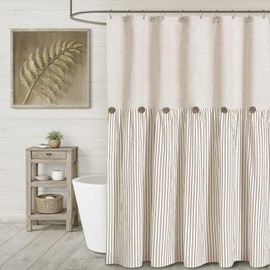XOGUIBO Farmhouse Shower Curtain Linen Beige Button Woven Fabric Country Rustic Western, Pleated Beige Stripe 72" W x 72" L