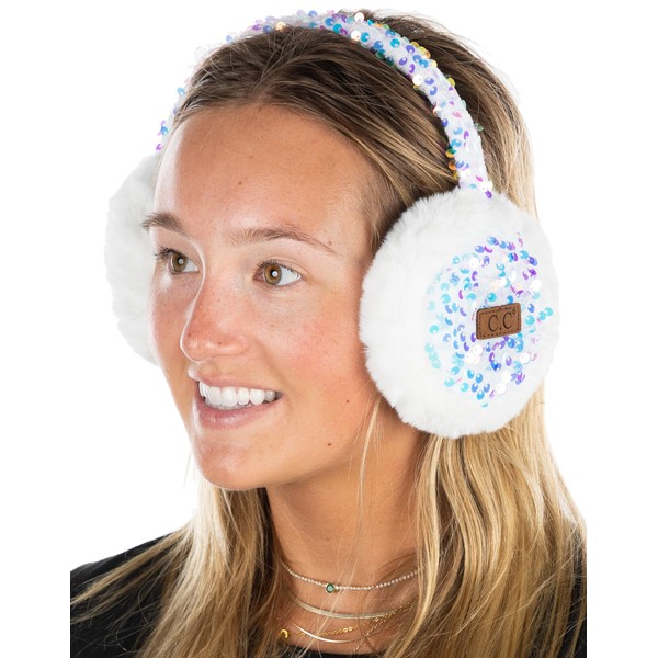 Funky Junque Adjustable Earmuffs - Sequin - White