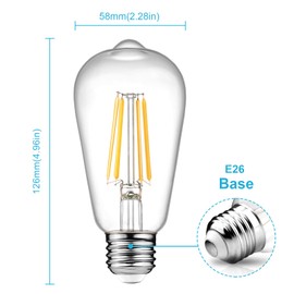 Ascher Dimmable Vintage LED Edison Bulbs, 6W, Equivalent 60W, 700 Lumens, 80+ CRI,Warm White 2700K, ST58 Antique LED Filament Bulbs, E26 Medium Base, Clear Glass, Pack of 4