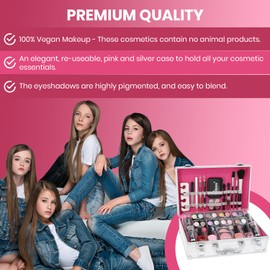 LOVE URBAN BEAUTY Essentials Vegan Makeup Case - 64 Piece Vegan Makeup Set for Teens - Elegant Silver Box - Compact and Lightweight Design - Travel Friendly Women's Makeup Set