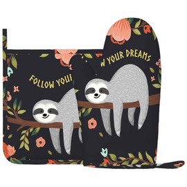 Mxocom Sloth Oven Mitts and Pot Holders Sets Cute Animal Baby Sloth on Tree Branch Flowers Leaves Quote Follow Your Dream Silicone Heat Resistant Kitchen Oven Gloves Pot Holder for Cooking