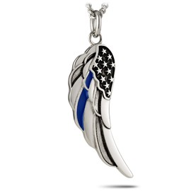 Stainless Steel Angel Wing-Thin Blue Line Necklace -Ps 91:11