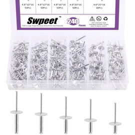 Swpeet 240Pcs 3/16" x 3/8" / 1/2" / 5/8"/ 3/4"/ 1" Large Flange Aluminum Blind Rivets Kit, Silver Pop Rivets Open End Type Pop Rivet for Indoor and Outdoor Use