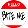 Kiwi Gifts Hello My Name Is Bite Me - 3 Pack Circle Stickers 3" x 3" - Nametag