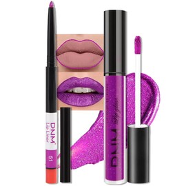 evpct DNM 2Pcs Purple Shimmer Glitter Shiny Liquid Lipstick Lip Gloss Stain and Retractable Lip Liner Makeup Set for Women Long Lasting Waterproof 24 Hours Lipstick labial mate larga duracion 24 51#
