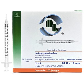 Jeringas para insulina 1 mL aguja 30G X 13mm, caja con 100 piezas