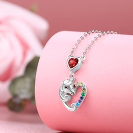 Qings Unicorn Girl Necklace Silver 925 Birthstone Necklaces Birthday Gift with Heart Pendant Chain Jewellery Gifts for Girls Women Daughter, Sterling Silver, Cubic Zirconia