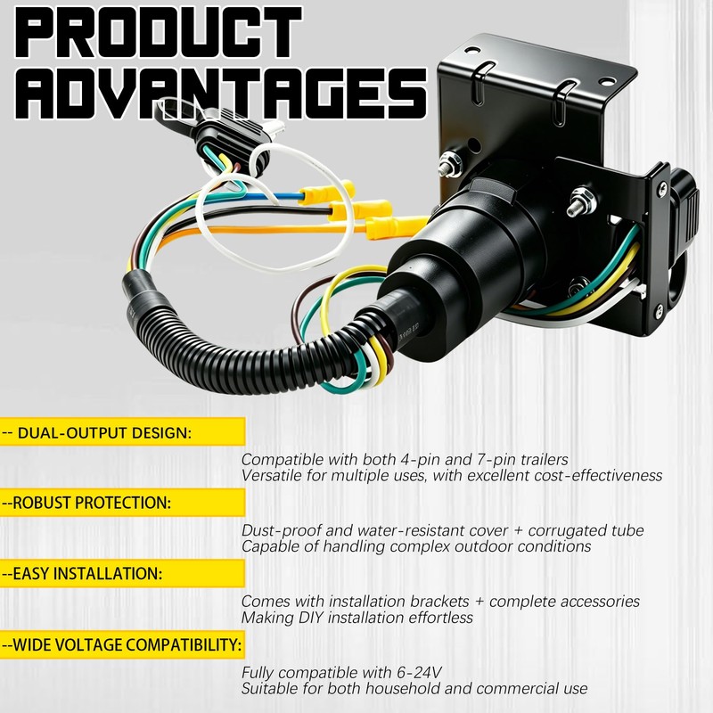 Trailer Wiring Adapter 4-Way Flat to 7-Way 4-Pin Female, Dual-Output