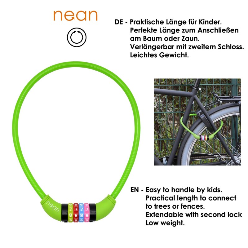 Nean children's-bicycle-cable-lock, number code combination lock in colourful design, 10