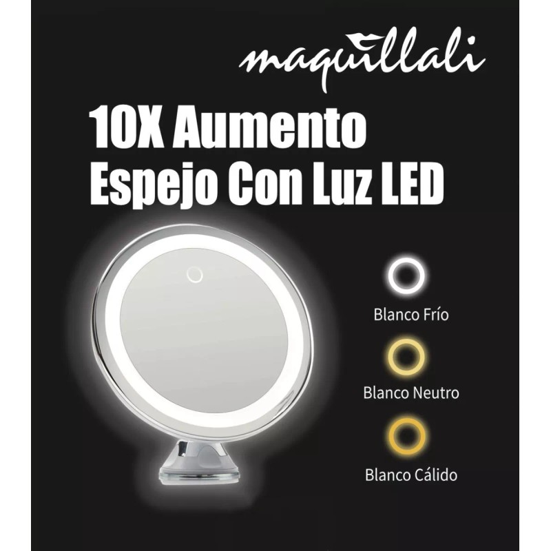 Maquillali Espejo 3-color Led 10x Aumento Base Ventosa 360°
