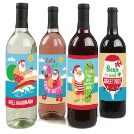 Big Dot of Happiness Tropical Christmas - Beach Santa Holiday Party Decorations for Women and Men - Wine Bottle Label Stickers - Set of 4