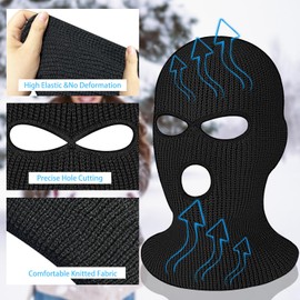 SYIGICE 2Pcs 3-Hole Full Face Ski Mask Warm Beanie Balaclava Cap Winter Knitted Cover for Adult Wind Protection Skiing Outdoor Sports, Black