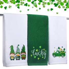WovWeave 3 Pack St. Patrick's Day Irish Hand Towels for Bathroom Kitchen Decorations Cotton Embroidery 14'' x 29'' Green Shamrock Clover Lucky Leaf Dish Tea Towel Set for St. Patrick's(Green,Gnome)
