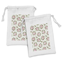 Lunarable Rose Fabric Pouch Set of 2, Pattern with Pink Roses Bouquet Leaves Branches English Garden Design Art, Small Drawstring Bag for Toiletries Masks and Favors, 9" x 6", Pale Pink White Green