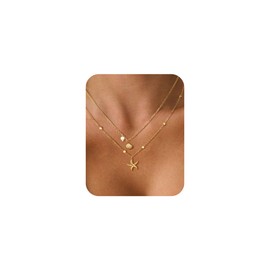 DAILI Shell Starfish Necklace Beach Jewelry for Women,Layered Gold Shell Charm Necklaces Summer