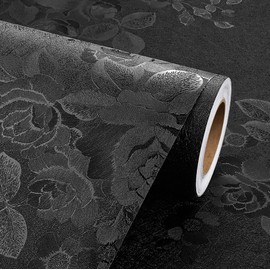 Livelynine 15.8x394 Black Textured Wallpaper Peel and Stick Matte Black Flowers Textured Peel and Stick Wallpaper for Bathroom Waterproof Texture Floral Contact Paper for Cabinets Adhesive Shelf Liner