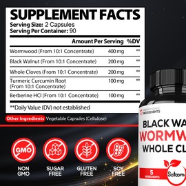 Satoomi 5 in 1 Wormwood Capsules Supplement - Extracted from Black Walnut, Whole Cloves, Turmeric and Berberine HCl - Immune System & Digestion Health - 180 Count -90 Day Supply