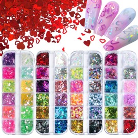 LuckForever 4 Boxes Iridescent Spring/Summer Glitter Sequins Holographic Letter Glitter Peach Heart/Pentagram Glitter Mixed Glitter DIY Design Manicure Decorations Sets for Nail Art/Craft/Makeup.