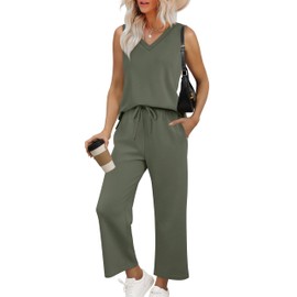 XIEERDUO Womens Sets 2 Piece Outfits V Neck Tops Loose Fitting Pants with Pockets Matching Set Summer Outfits for Women Travel Vacation Olive Green S