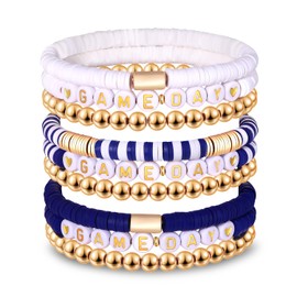 NLCAC 9 Pack Game Day Bracelets Stackable Heishi Beaded Stretchy Bracelet Preppy Jewelry Baseball Football Team Bracelets Sports Fan Accessories Gifts (Blue White)