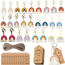 Juego de 52 Llaveros Bohemios, 26 Llavero de Borla de Arco Iris, Llaveros de Macramé con Borlasde Arcoíris, Etiqueta de Agradecimiento para Cumpleaños Bodas Fiestas (Multicolor)