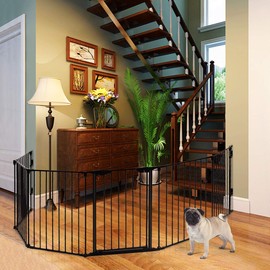 Costzon Baby Safety Gate, 4-in-1 Fireplace Fence, Wide Barrier Gate with Walk-Through Door in Two Directions, Add/Decrease Panels Directly, Wall-Mount Metal Gate for Pet & Child, Door (Black, 6-Panel)