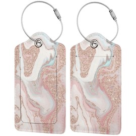 Rose Gold Glitter Coral Gray Pastel Marble Luggage Tag with Full Back Privacy Name ID Card Stainless Steel Loop Suitcase Labels Identifiers PU Leather Baggage for Women Men Kids Girls Travel (1pcs)