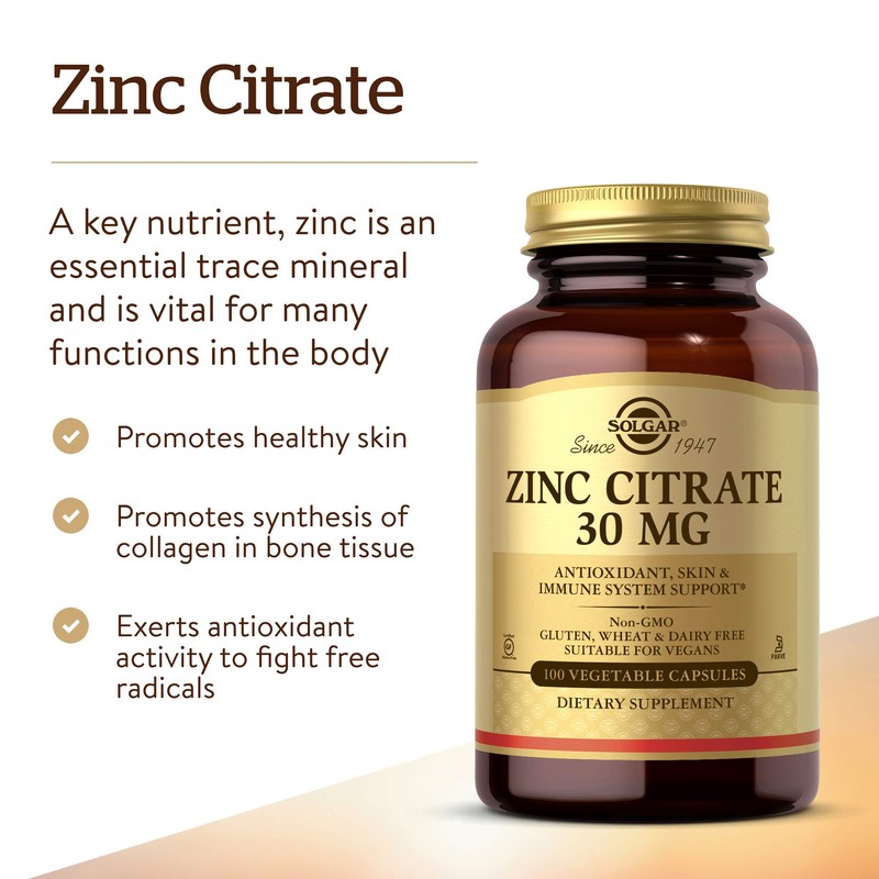Solgar Zinc Citrate Vegetable Capsules, 100 Count, Non-GMO, Gluten Free,