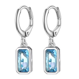 Suplight Tiny Cute 925 Sterling Silver Emerald Cut Birthstone Hoop Dangle Earrings, Cubic Zirconia Crystal Drop Earrings for Women Girls (with Gift Box), Sterling Silver, Aquamarine
