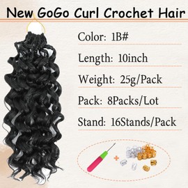 10 Inch Pretwisted Gogo Curl Crochet Hair 8 Packs - Short Curly Pre-looped Ocean Water Deep Wave Braiding Hair for Women (1B, 10inch)