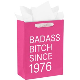 WRAPAHOLIC 13" Large 50th Funny Birthday Gift Bag with Tissue Paper - Badass Bitch Since 1976 Humor Paper Bags for Women Friends 50th Birthday Party