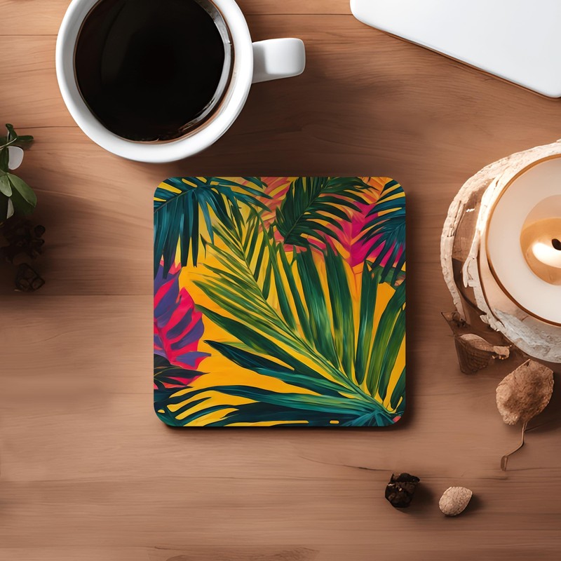 Tropical Leaf Coaster Set, Exotic Floral Art 9cm Glossy Wood