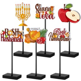 Amyhill 6 Pcs Rosh Hashanah Decorations Wooden Table Centerpieces Happy Rosh Hashanah Standing Jewish New Year Party Decorations Rustic Wood Decor Shana Tova for Gift Shelf Shana Supplies