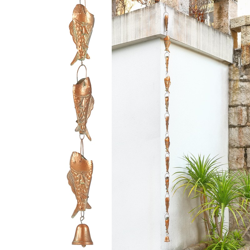 Copper Patina Rain Chain with Rainbow Trout for Heavy Rain,