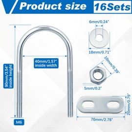 Therwen 16 Sets Round U Bolts Zinc Plated Steel Round Bend U Clamp with Nut Plate Washer (M6 x 40 mm X 90 mm)