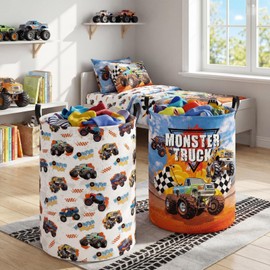 Fiwochic 2 Pcs Monster Truck Laundry Hamper Basket Monster Truck Room Decor 17.32 x 13.78 Inch Round Collapsible Toy Storage Organizer Clothes Basket with Waterproof Layer for Closet Bedroom Playroom