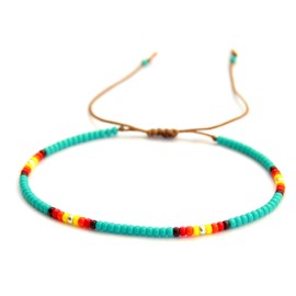Large Anklet for Women, Plus Size Adjustable Turquoise Colorful Beaded String Ankle Bracelet, Native American Style Boho Bohemian Waterproof Anklet, 10 inches, 11 inches, Handmade by Tribes (M-L)